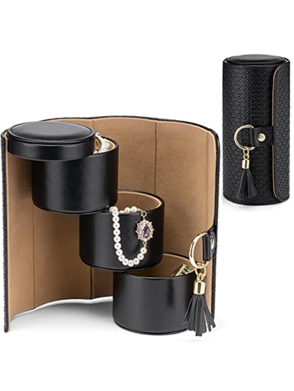 Black Leather Travel Jewelry Organizer Case Women Earring Necklace Watch